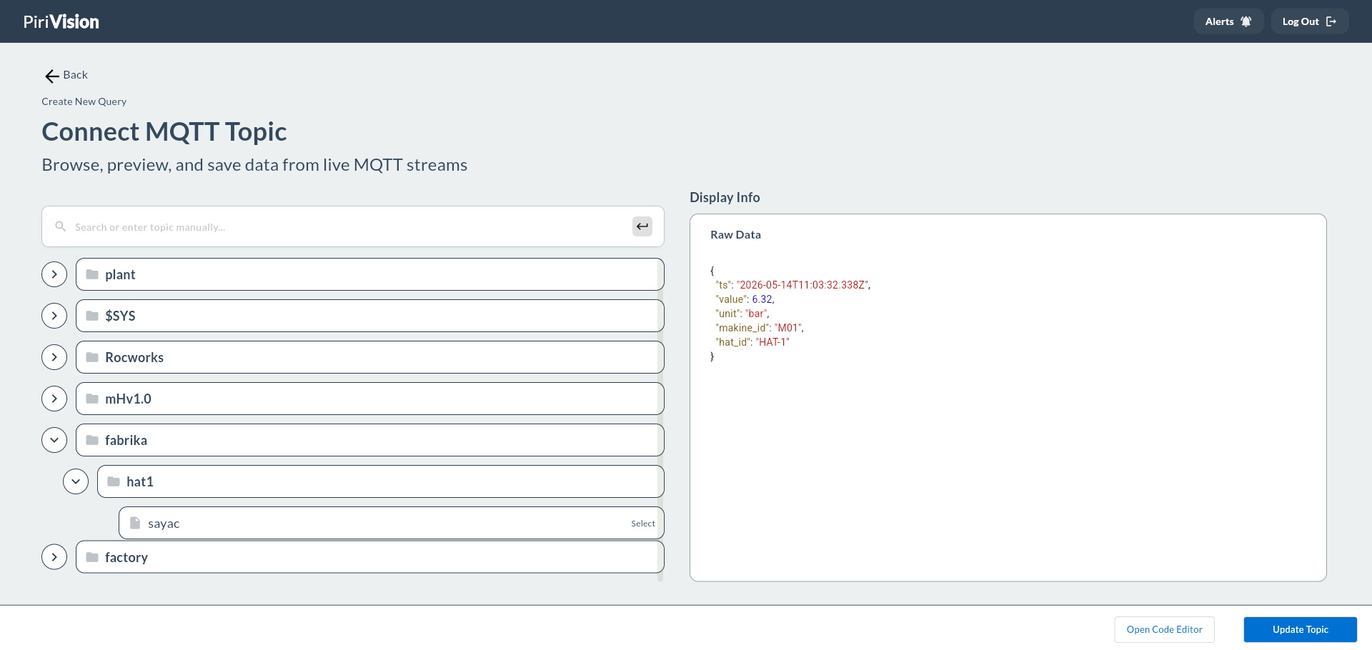 MQTT düzenleme ekranı — mevcut topic seçili